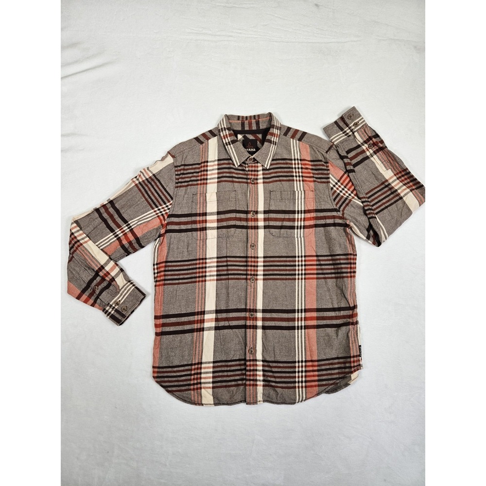 Prana Shirt Men's Large Orange Gray Plaid Flannel Outdoors Hiking Camping Casual